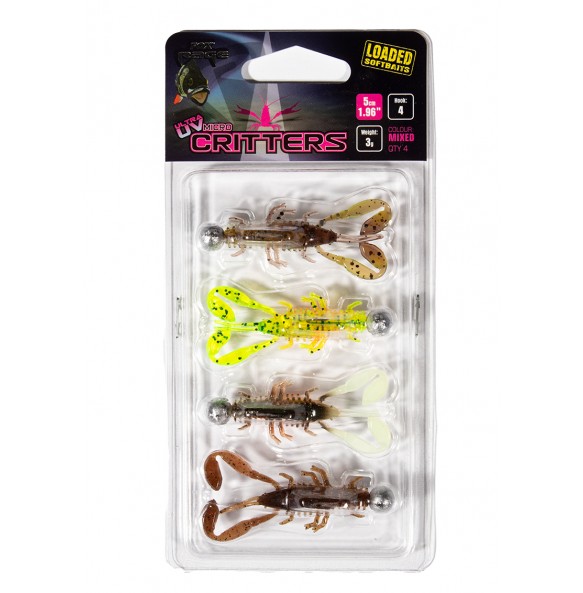 Fox Rage Ultra UV Micro Critter Mixed Colour Loaded Lure Pack 5cm 3g hook 4 4pcs.